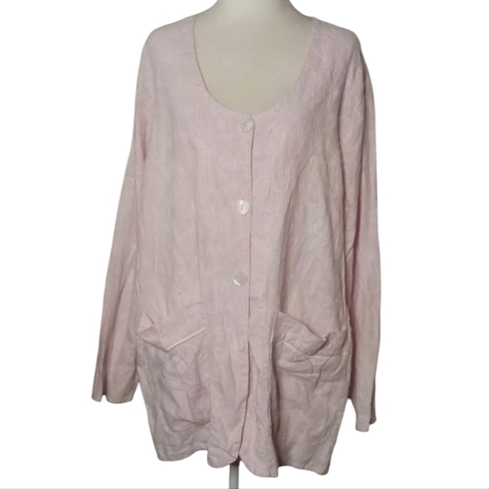 Flax Pink White Pinstripe All Over Floral Embroidery Button Front Jacket Medium